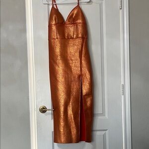 Fashion Nova Strapless Shimmering Copper Dress